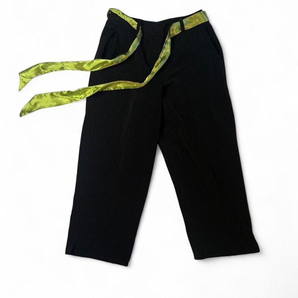 Women's Black Pinstripe Capri Trouser Pants size Small with Green Satin Sash